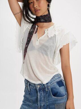 NWT Free People Vivianne Knit Tee Large Sheer Ribbed Flutter Sleeve Top